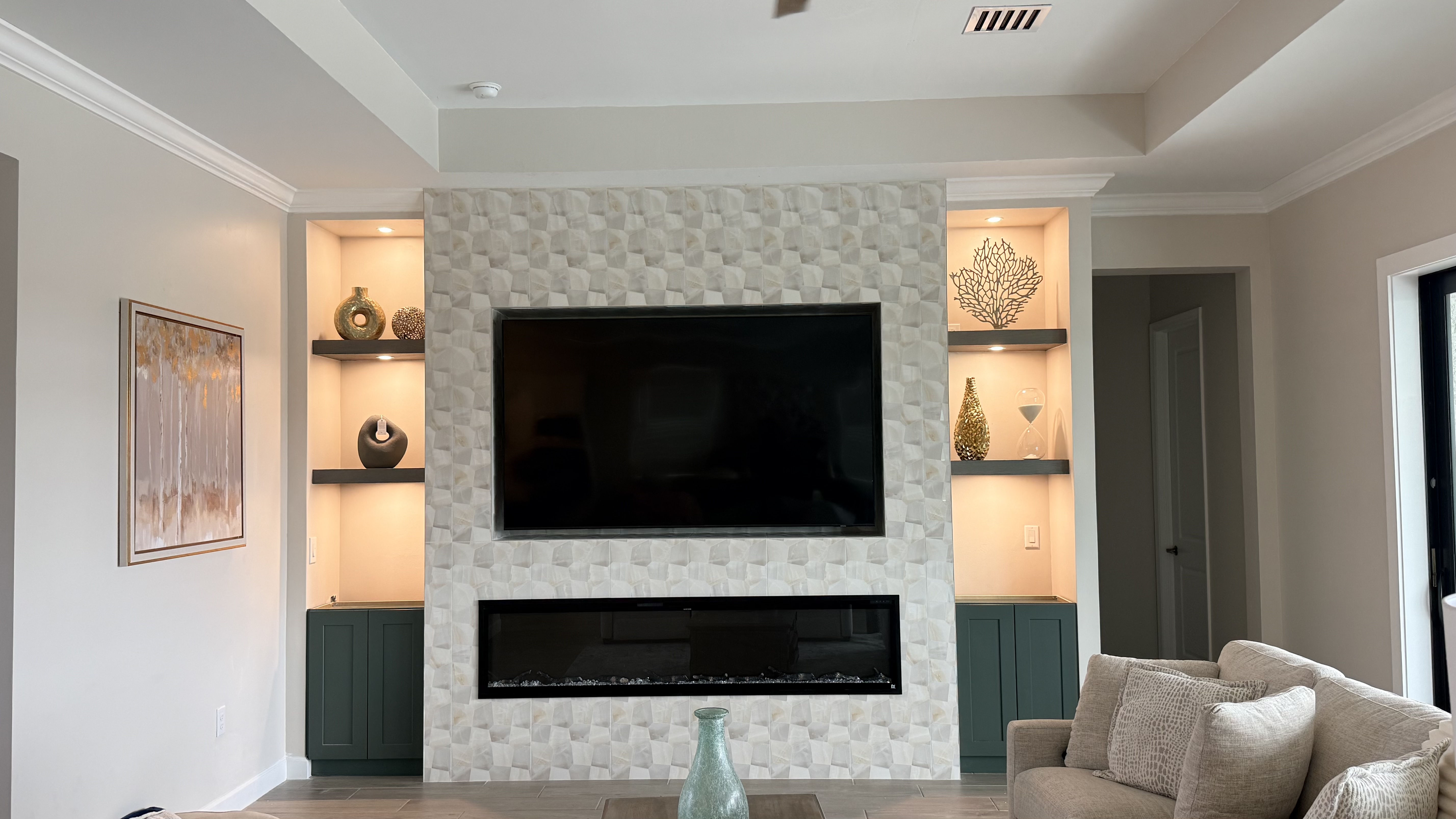 Custom shiplap entertainment wall with electric fireplace