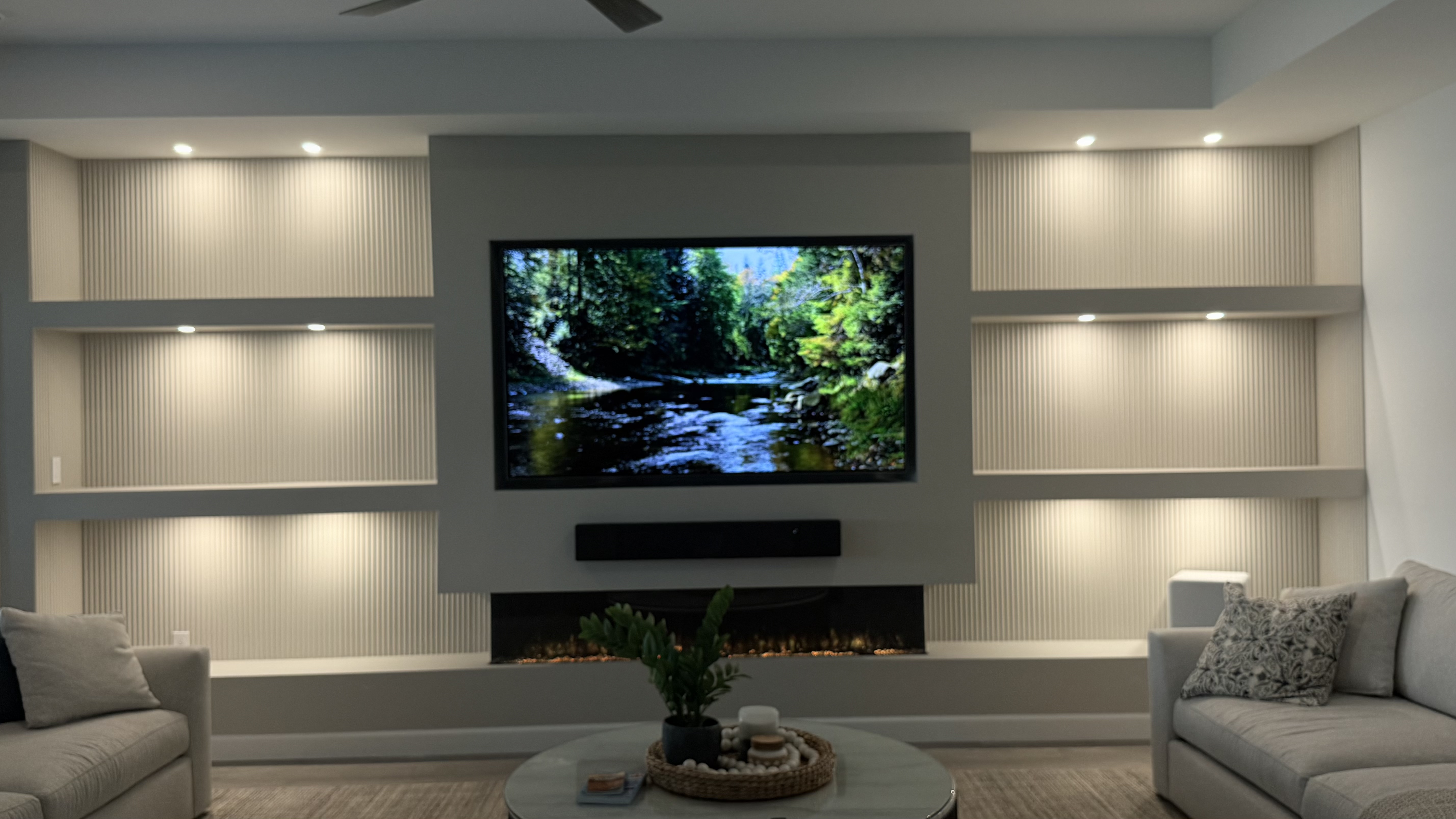 Custom entertainment center with fluted panel details